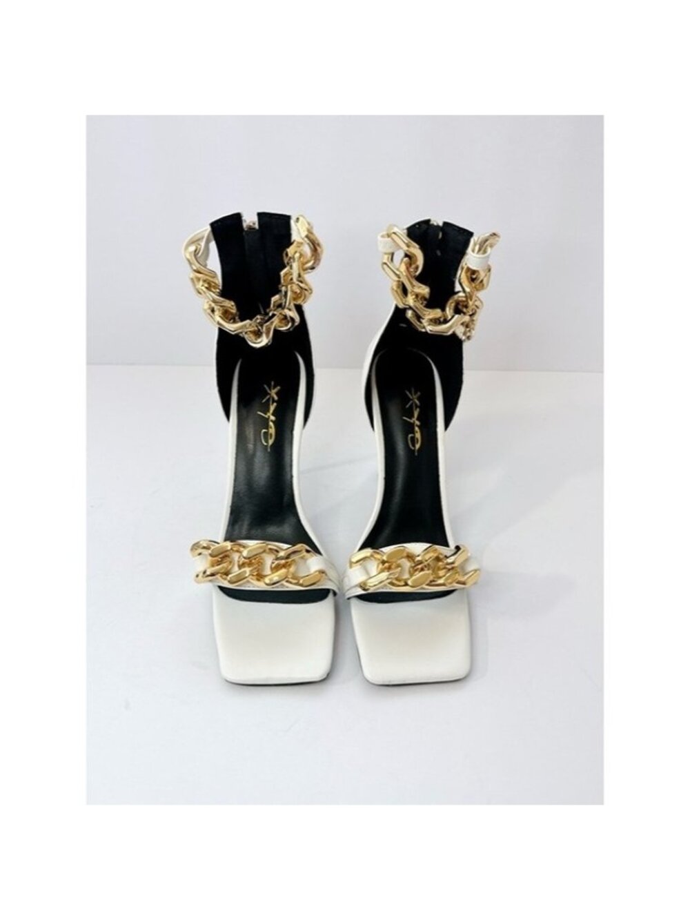 Size 7 White Gold Chain Stiletto Heels Women’s Square Toe Ankle Strap Pumps